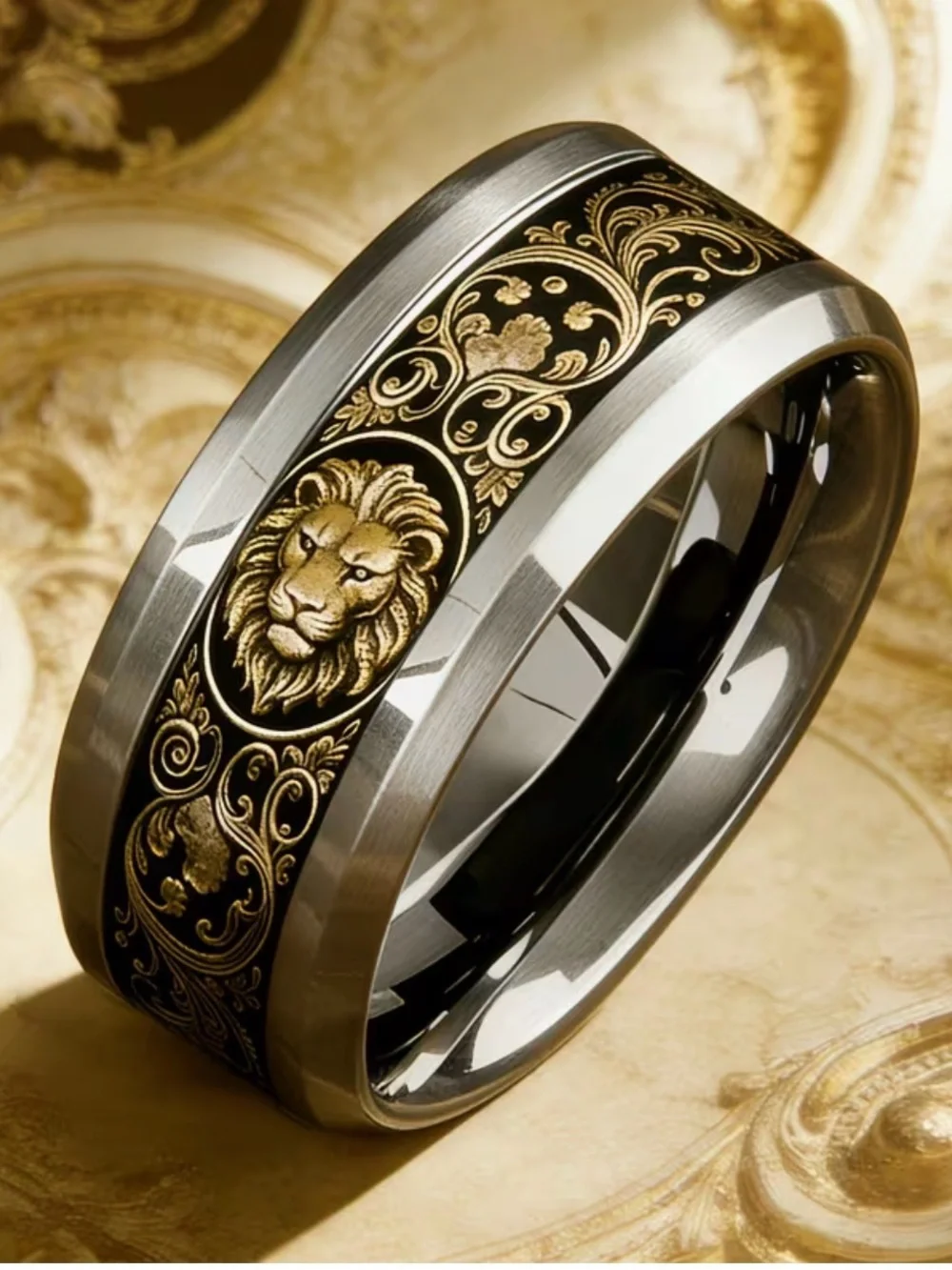 Men's 304 Stainless Steel Gold Lion Head Scroll Ring